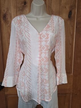 Fred David White Blouse with Peach Pattern